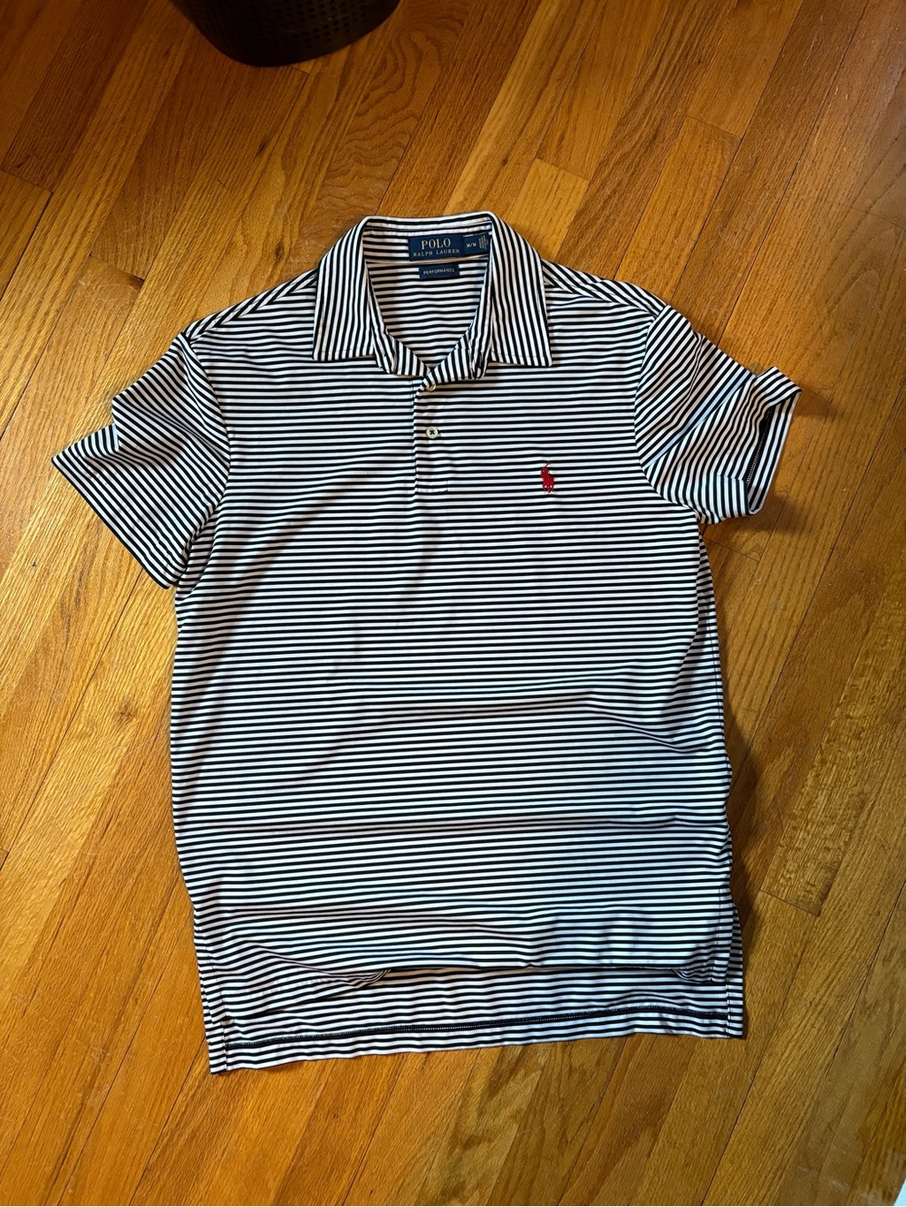 Ralph Lauren Navy and White Striped Polo with Red Pony